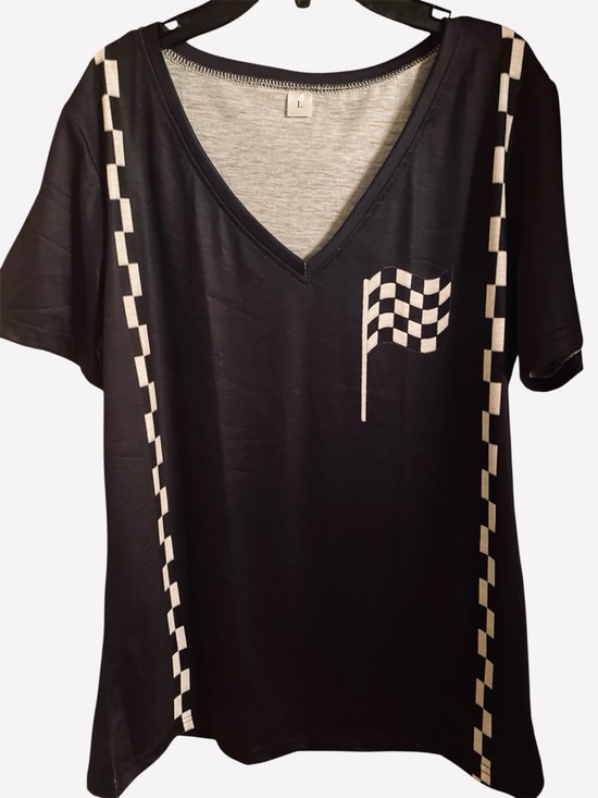 None Tops - Women’s V-neck checkered flag racing shirt.  New. SZ L